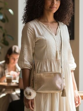 Michael Kors Gold Crossbody Camera Bag With Tassle and Bag Charm